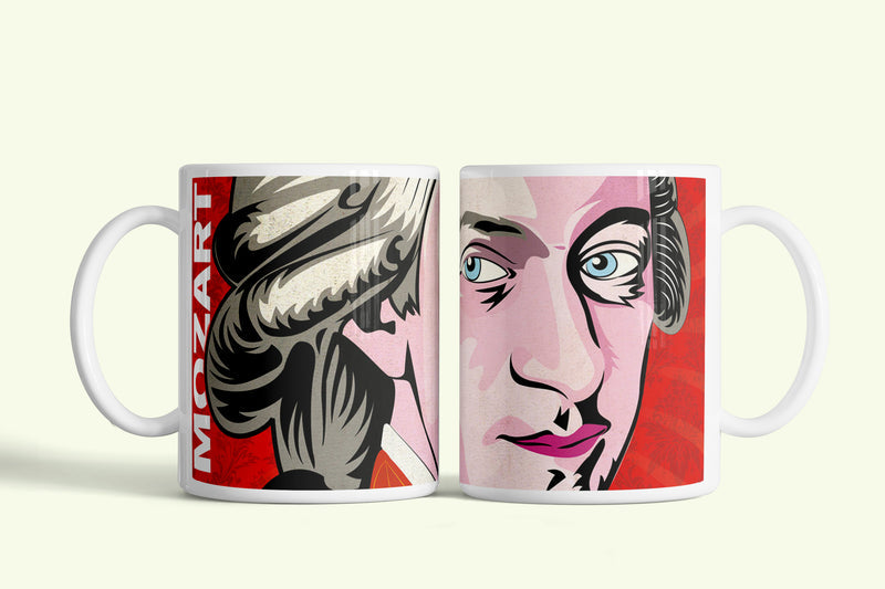 Mozart bögre piros pop art portréval, fehér kerámia, egyedi nyomtatott mintával
