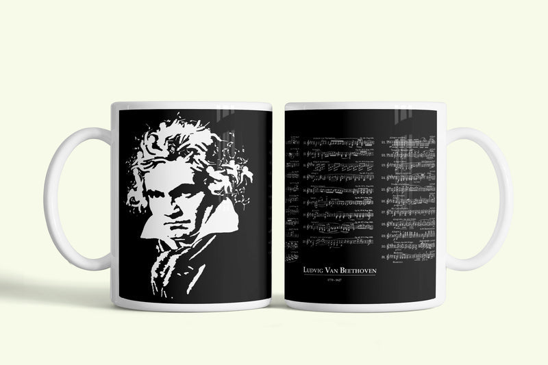 Beethoven bögre, fehér kerámia, egyedi nyomtatott mintával