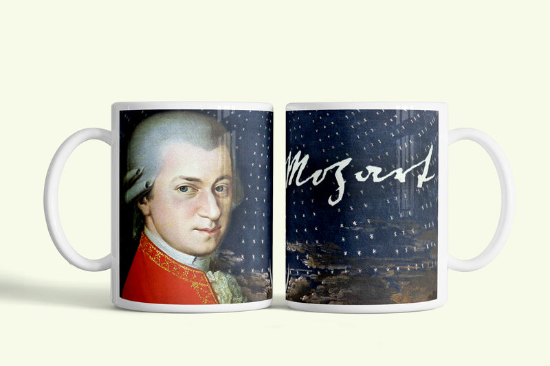 Mozart bögre klasszikus festett portréval, fehér kerámia, egyedi nyomtatott mintával
