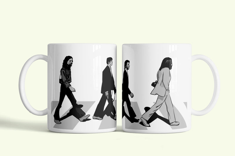 Beatles bögre fehér, Abbey Road sziluettekkel, fehér kerámia, egyedi nyomtatott mintával
