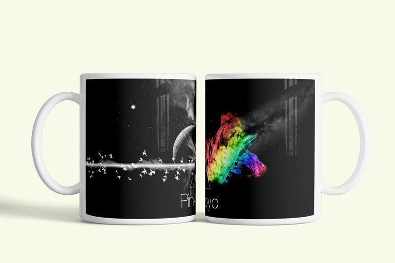 Pink Floyd Dark Side of the Moon bögre szivárványos csóvával, fehér kerámia, egyedi nyomtatott mintával