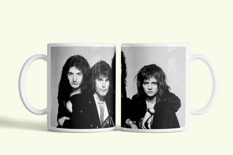Queen bögre fekete-fehér zenekari fotóval, fehér kerámia, egyedi nyomtatott mintával