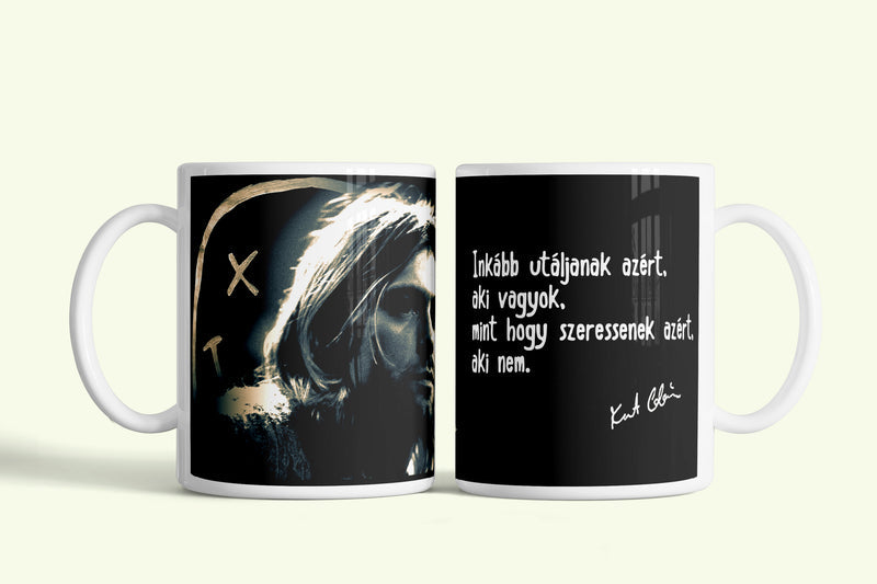 Kurt Cobain bögre, fehér kerámia, egyedi nyomtatott mintával