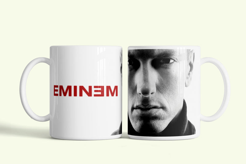 Eminem bögre fehér, fekete-fehér portréval, fehér kerámia, egyedi nyomtatott mintával