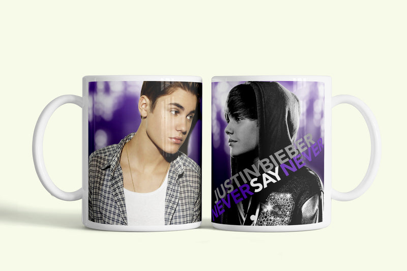 Justin Bieber bögre „Never Say Never” lila fotóval, fehér kerámia, egyedi nyomtatott mintával