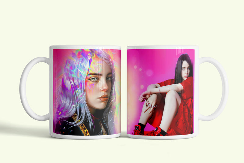 Billie Eilish bögre pink, színes hajú portréval, fehér kerámia, egyedi nyomtatott mintával