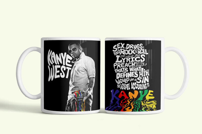 Kanye West (Ye) bögre fekete, dalszöveges portréval, fehér kerámia, egyedi nyomtatott mintával