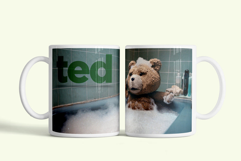 Ted bögre fürdőkádas Teddel, fehér kerámia, egyedi nyomtatott mintával