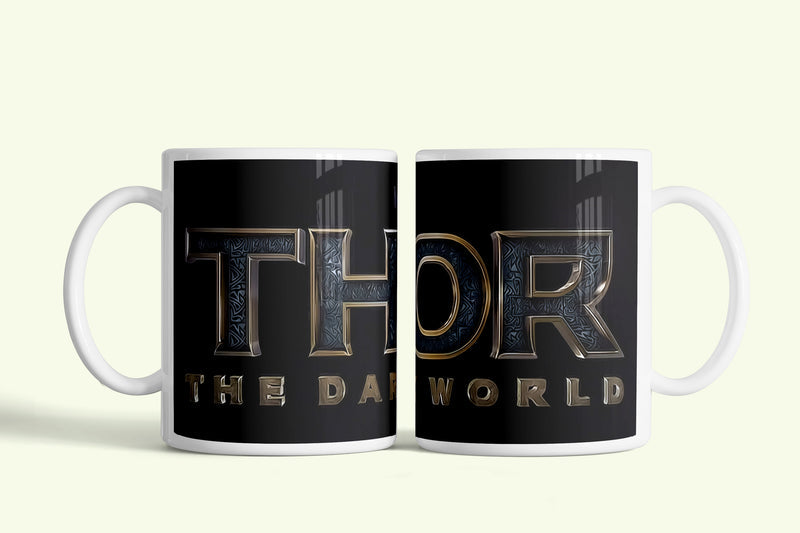 Thor bögre „The Dark World” logóval, fehér kerámia, egyedi nyomtatott mintával