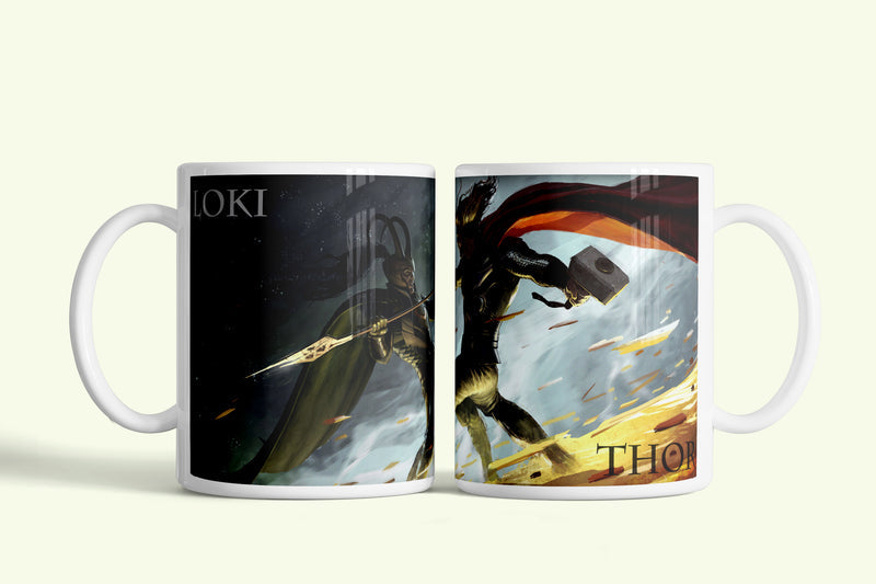 Thor/Loki bögre Lokival és Thor kalapácsával, fehér kerámia, egyedi nyomtatott mintával