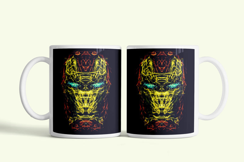 Iron Man - Vasember bögre neon sárga sisakkal, fehér kerámia, egyedi nyomtatott mintával