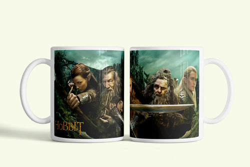 A Hobbit bögre törpökkel és Thorinnal, fehér kerámia, egyedi nyomtatott mintával