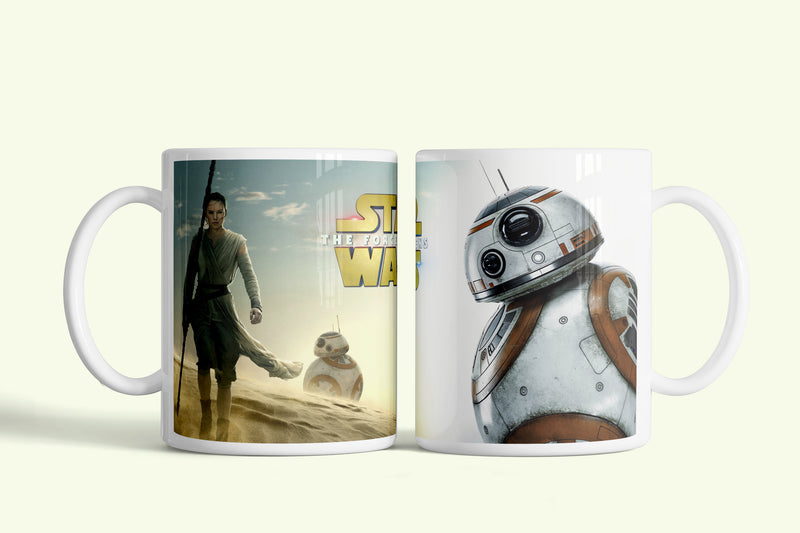 Star Wars - Csillagok Háborúja bögre Reyjel és BB-8-cal, fehér kerámia, egyedi nyomtatott mintával