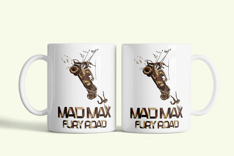 Mad max bögre fehér, Fury Road autóval, fehér kerámia, egyedi nyomtatott mintával