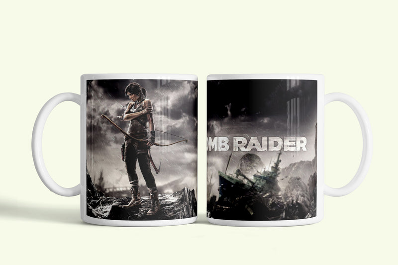 Tomb Raider bögre íjas Lara Crofttal, fehér kerámia, egyedi nyomtatott mintával