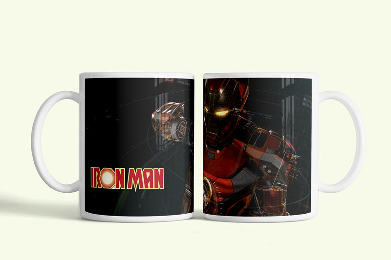 Iron Man - Vasember bögre fekete, logóval és páncéllal, fehér kerámia, egyedi nyomtatott mintával