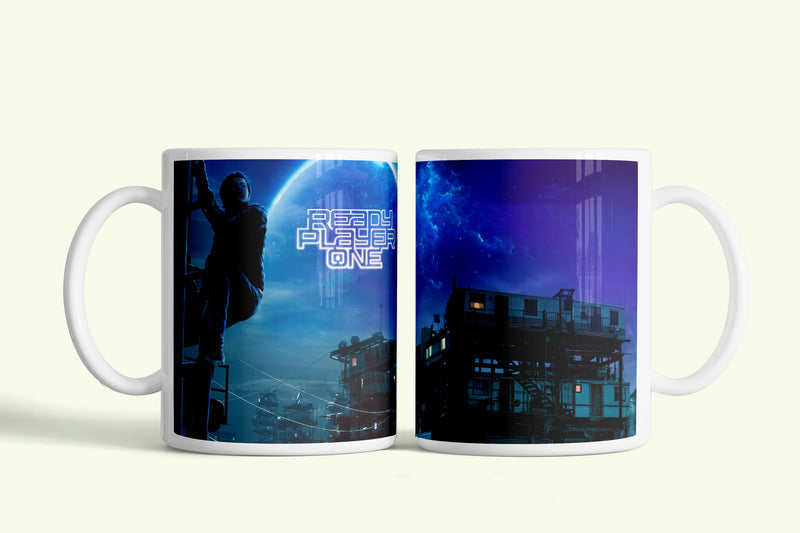 Ready Player One bögre kék éjszakai Oázissal, fehér kerámia, egyedi nyomtatott mintával