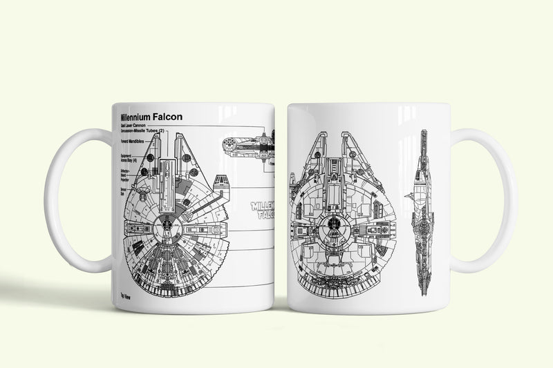 Millenium Falcon - Star Wars bögre fehér műszaki rajzzal, fehér kerámia, egyedi nyomtatott mintával
