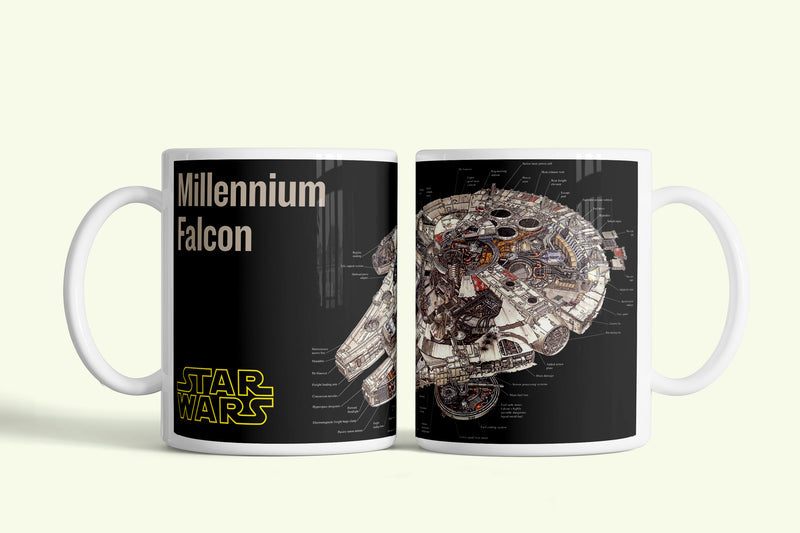 Millenium Falcon - Star Wars bögre fekete, részletes modellel, fehér kerámia, egyedi nyomtatott mintával