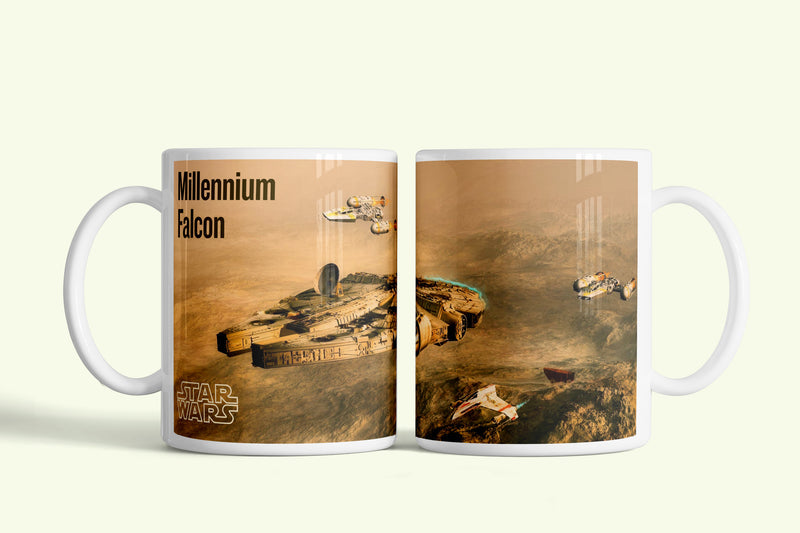 Millenium Falcon - Star Wars bögre sivatagi jelenettel, fehér kerámia, egyedi nyomtatott mintával