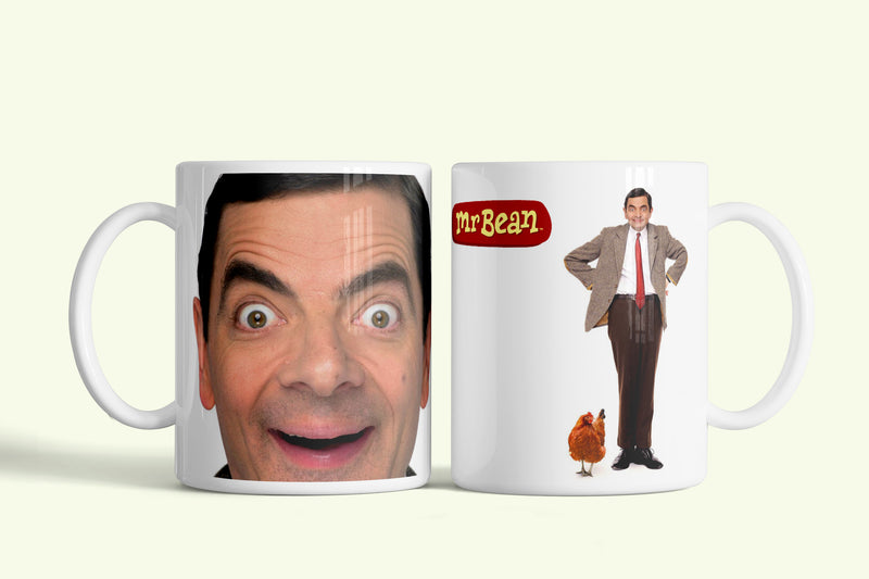 Mr. Bean bögre nagy arccal és csirkével, fehér kerámia, egyedi nyomtatott mintával