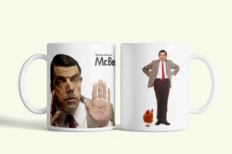 Mr. Bean bögre kézfeltartó Mr. Beannel, fehér kerámia, egyedi nyomtatott mintával