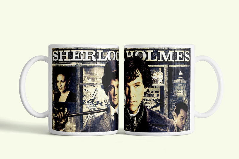 Sherlock bögre „Sherlock Holmes” filmes kollázzsal, fehér kerámia, egyedi nyomtatott mintával