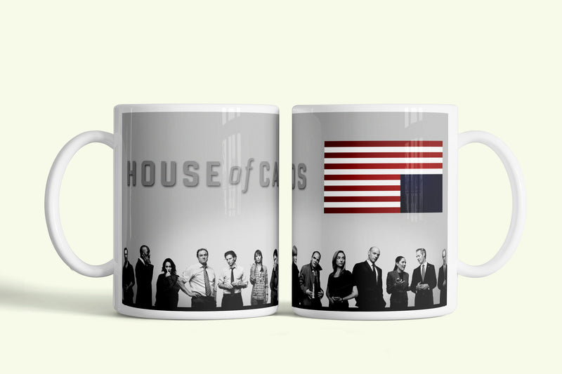 Kártyavár - House of Cards bögre fordított zászlóval, fehér kerámia, egyedi nyomtatott mintával