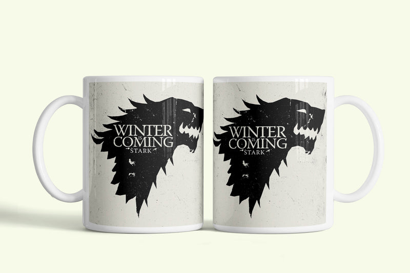 Stark ház bögre „Winter is coming” rémfarkassal, fehér kerámia, egyedi nyomtatott mintával