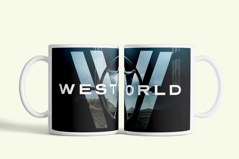 Westworld bögre fekete, nagy W logóval, fehér kerámia, egyedi nyomtatott mintával