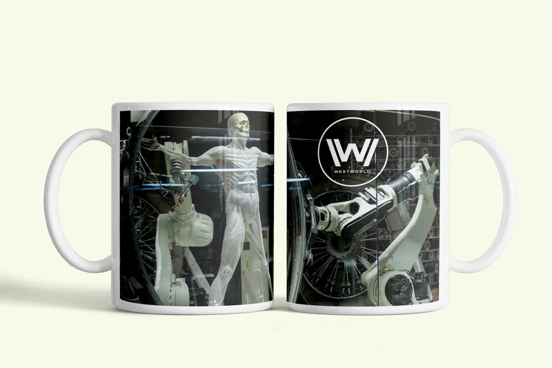 Westworld bögre robot műhelyes jelenettel, fehér kerámia, egyedi nyomtatott mintával