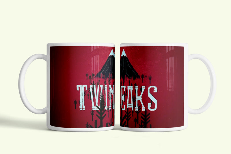 Twin Peaks bögre piros, fenyős logóval, fehér kerámia, egyedi nyomtatott mintával