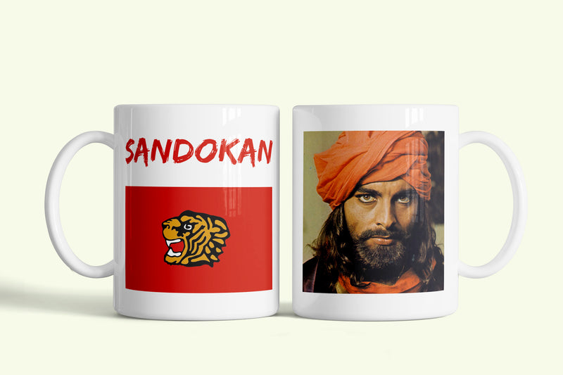 Sandokan bögre, fehér kerámia, egyedi nyomtatott mintával