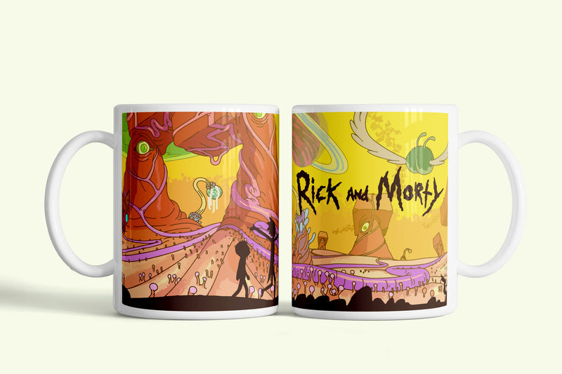 Rick and Morty bögre színes idegen bolygóval, fehér kerámia, egyedi nyomtatott mintával