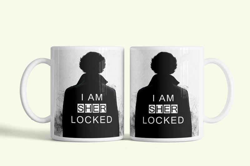Sherlock bögre „I am Sherlocked” sziluettel, fehér kerámia, egyedi nyomtatott mintával