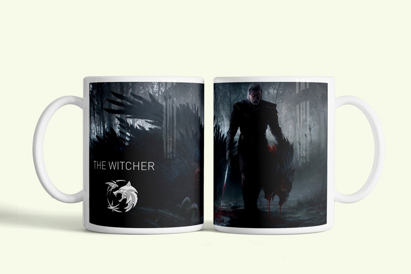 A Vaják (The Witcher) bögre sötét erdős logóval, fehér kerámia, egyedi nyomtatott mintával