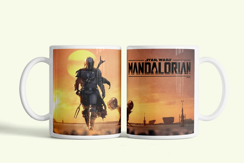 Mandalorian bögre naplementés sivatagi plakáttal, fehér kerámia, egyedi nyomtatott mintával
