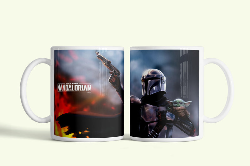 Mandalorian bögre Mandóval és Grogu-val, fehér kerámia, egyedi nyomtatott mintával
