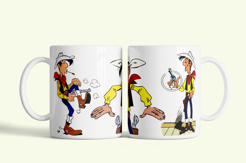 Villám Will - Talpraesett Tom - Lucky Luke bögre, fehér kerámia, egyedi nyomtatott mintával