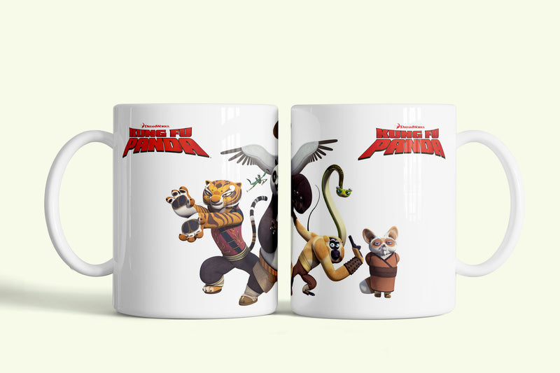 Kung Fu Panda bögre fehér, Tigrissel és Majommal, fehér kerámia, egyedi nyomtatott mintával