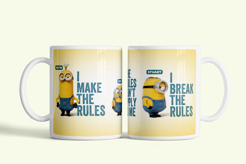 Minyonok bögre „I break the rules” felirattal, fehér kerámia, egyedi nyomtatott mintával