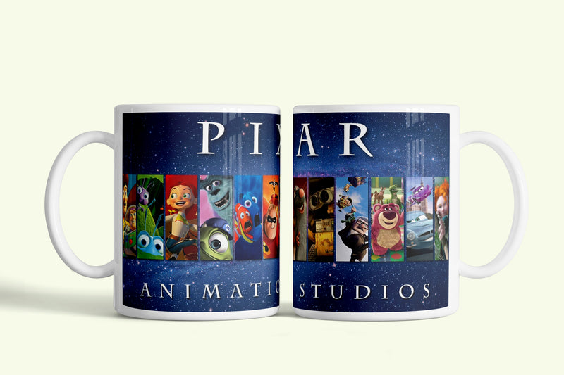 Pixar bögre csillagos, karakterekkel teli logóval, fehér kerámia, egyedi nyomtatott mintával