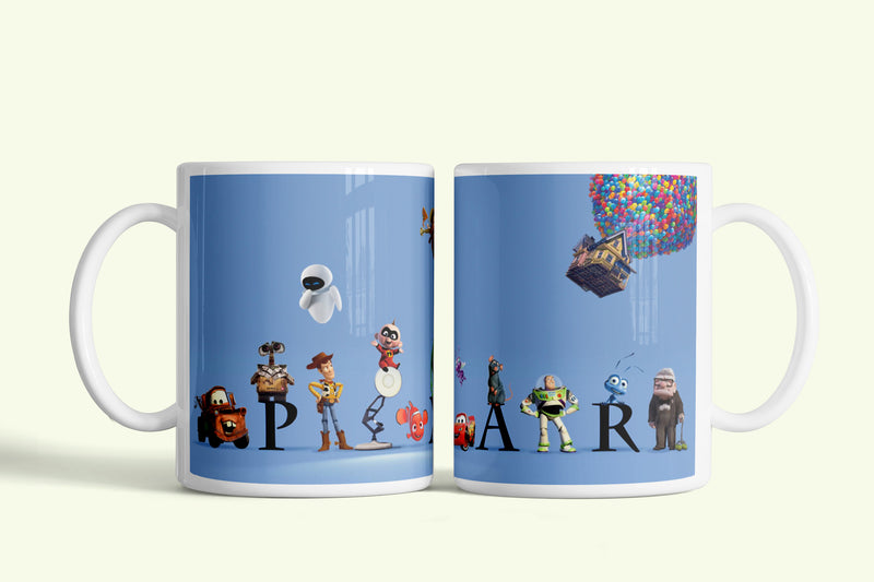 Pixar bögre kék, karakterekkel és Fel! házzal, fehér kerámia, egyedi nyomtatott mintával