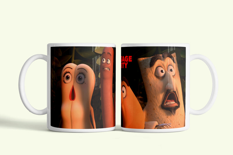 Sausage party bögre, fehér kerámia, egyedi nyomtatott mintával