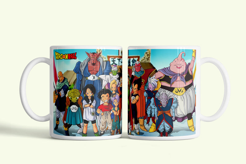 Dragonball bögre színes szereplőkkel és Buuval, fehér kerámia, egyedi nyomtatott mintával