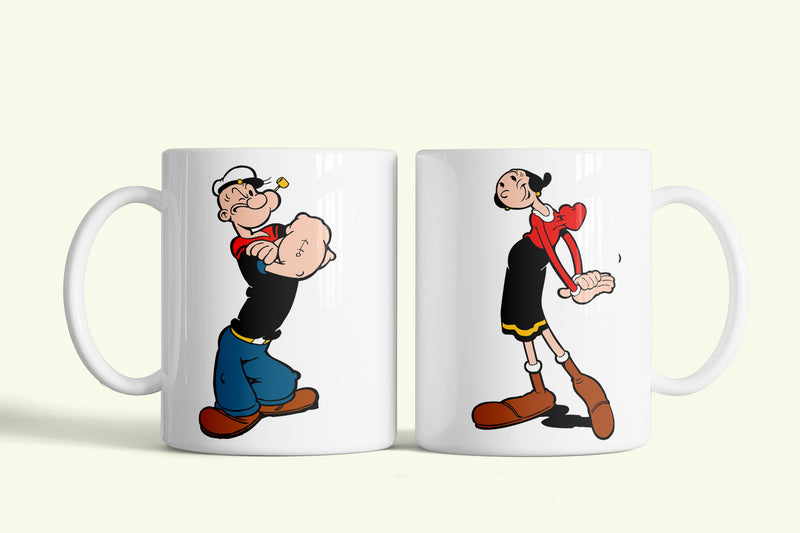 Popeye bögre fehér, Popeye és Olive, fehér kerámia, egyedi nyomtatott mintával