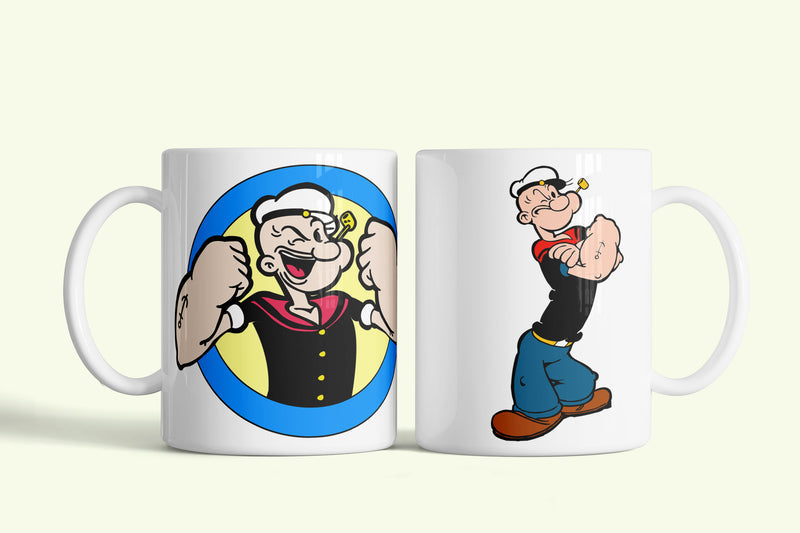 Popeye bögre kék körös nevető Popeye-jal, fehér kerámia, egyedi nyomtatott mintával