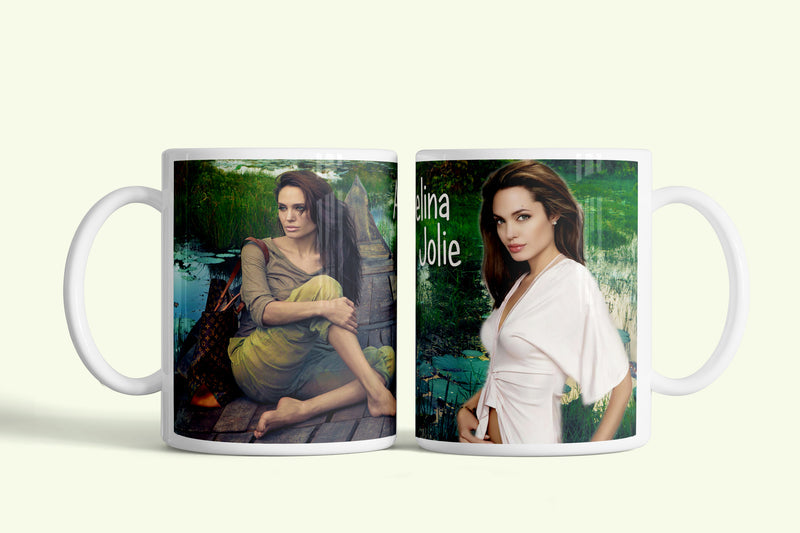 Angelina Jolie bögre, fehér kerámia, egyedi nyomtatott mintával