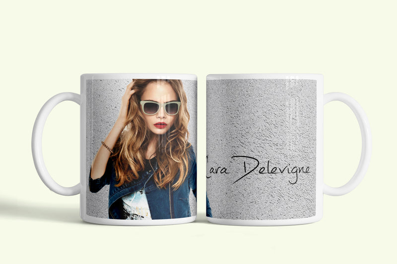 Cara Delevigne bögre, fehér kerámia, egyedi nyomtatott mintával