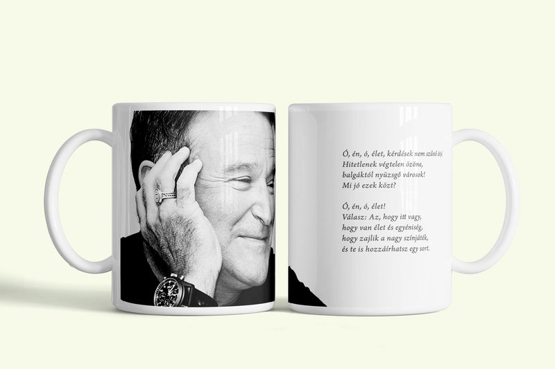 Robin Williams bögre idézetes portréval, fehér kerámia, egyedi nyomtatott mintával